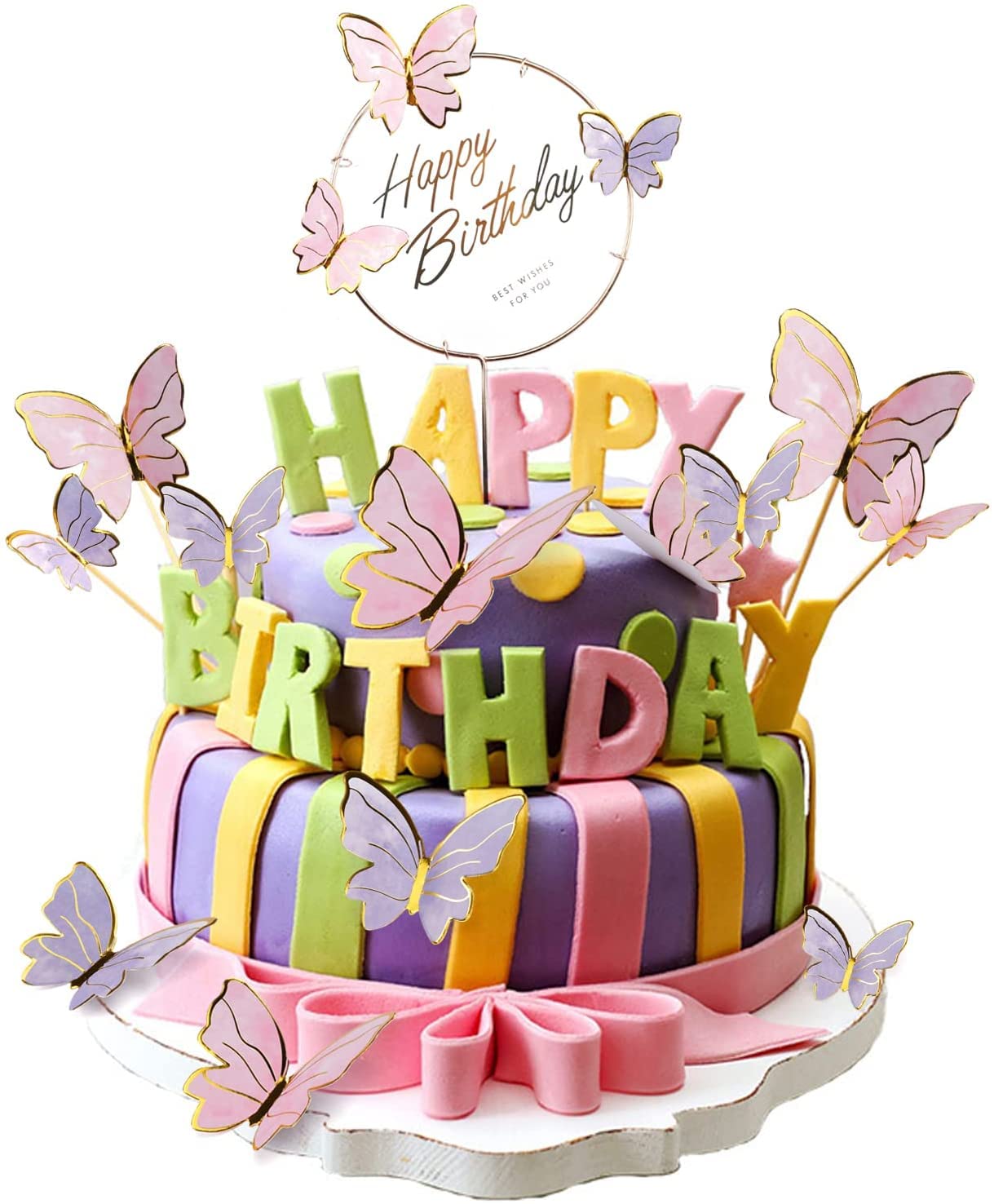 HASTHIP 22 pcs Cute Butterfly Cake Decorations,2 Cakes Decorate for Girl with 1 Happy Birthday Acrylic & 20 Butterflies & 1 Iron Circle in 1st to 25th Birthday Party(Purple & Pink)