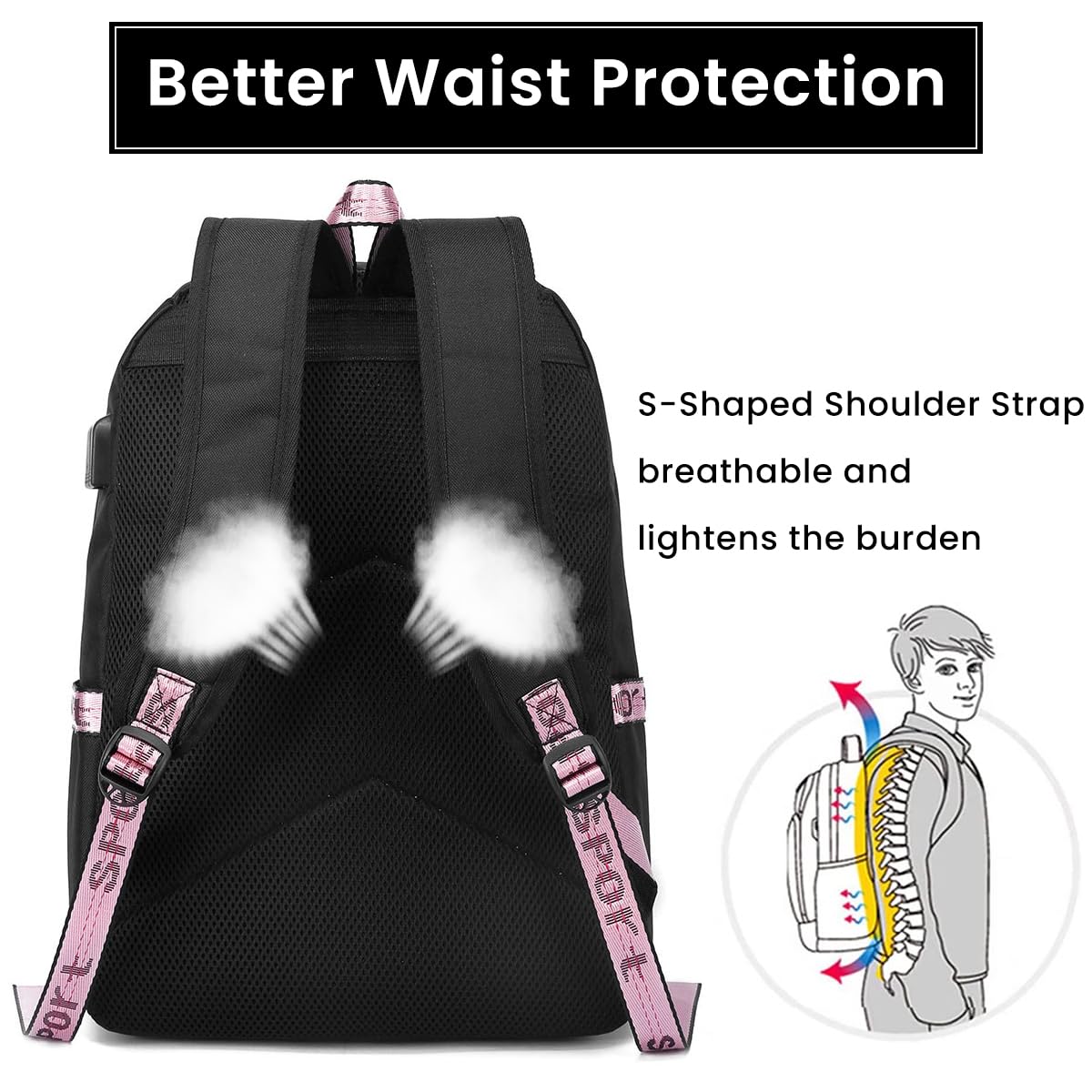 PALAY Demon Slayer Anime Backpack with USB Charging Port and Headphone Jack, Girls Large Travel Backpack 14 Inches Laptop Bag Cartoon Anime Print Backpack School Gift for Kids (Black)