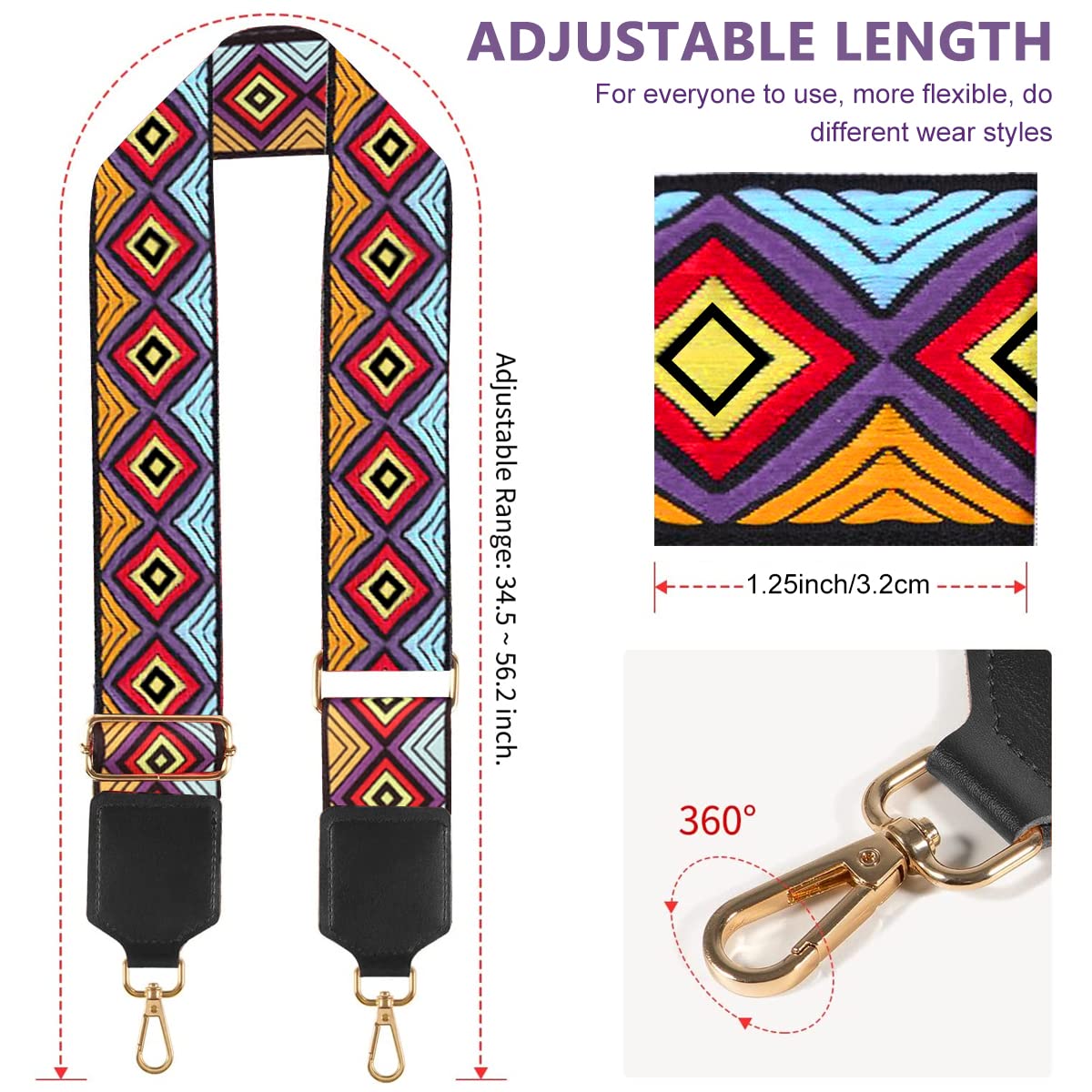 GUSTAVE Replacement Adjustable Geometric Print Nylon Shoulder Bag Straps for Sling Bag, Handbag, Travel Bag, Crossbody Bag