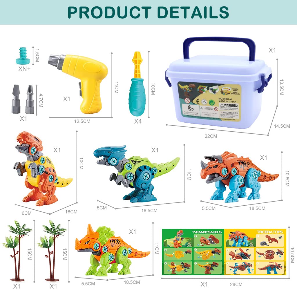 PATPAT Dinosaur Toys for Kids, STEM Construction Building Toys for Kids, 4 PCS Dinosaur Toy with Electric Screwdriver & Storage Box, Assembling Building Blocks Birthday Gifts for 3 - 8 Year Old Kids