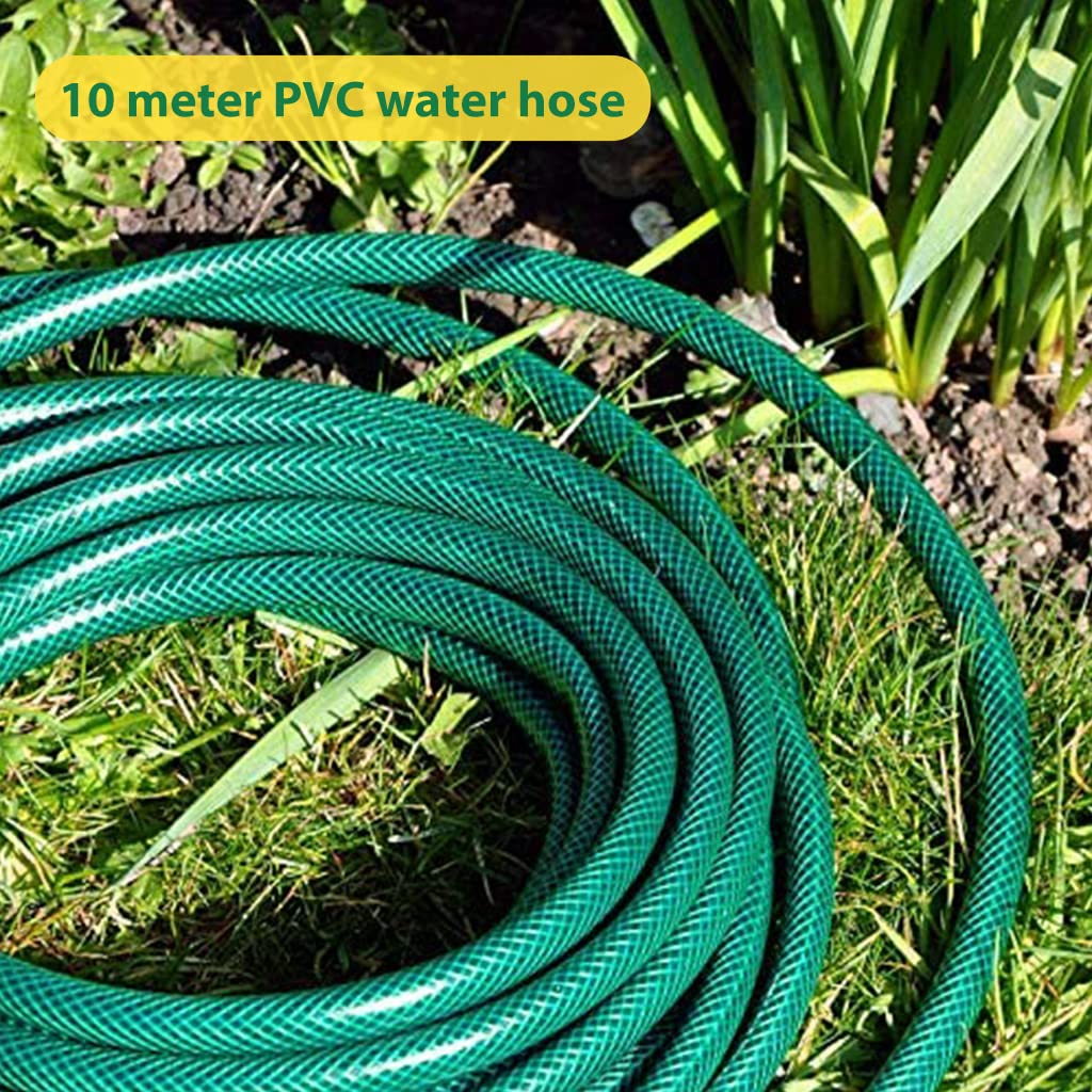 Optifit 10m Garden Hose Kit with Sprayer, Stand-Up Hose Rack and Quick Connector, Water Sprayer with 7 Spray Mode, Spray Gun Water Hose with Reel Rack for Home Garden Car Washing Pet Bathing