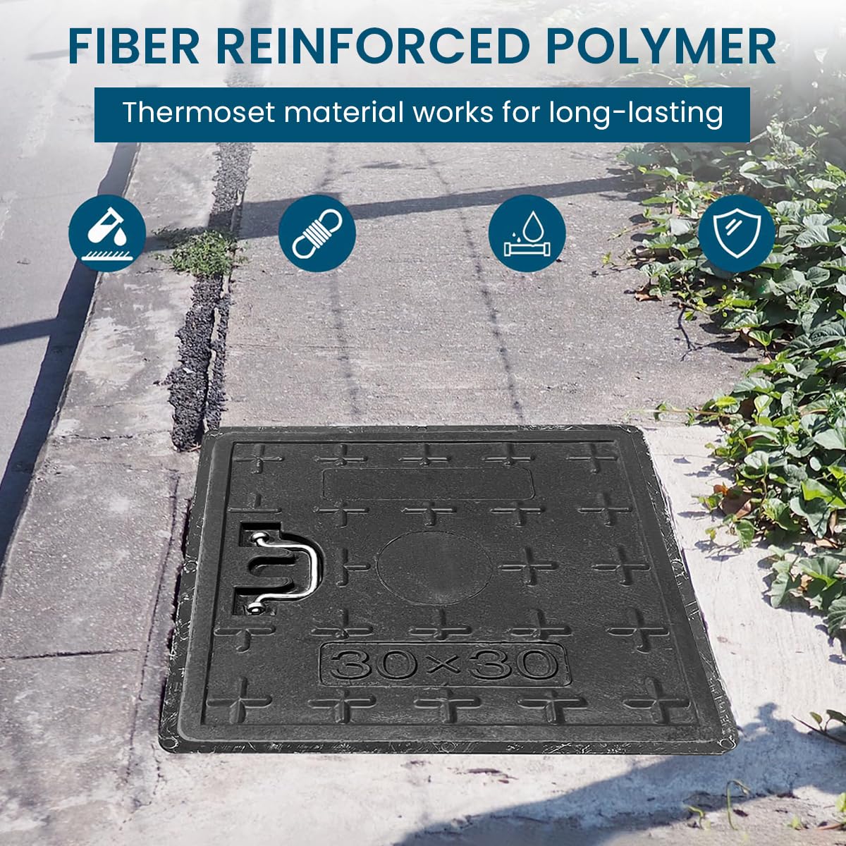 HASTHIP Square Manhole Cover - Lightweight Resin Manhole Cover with Folding Metal Handle, 11.8''x11.8''x1.37'' Square Inspection Chamber Cover for Urban Utility Access