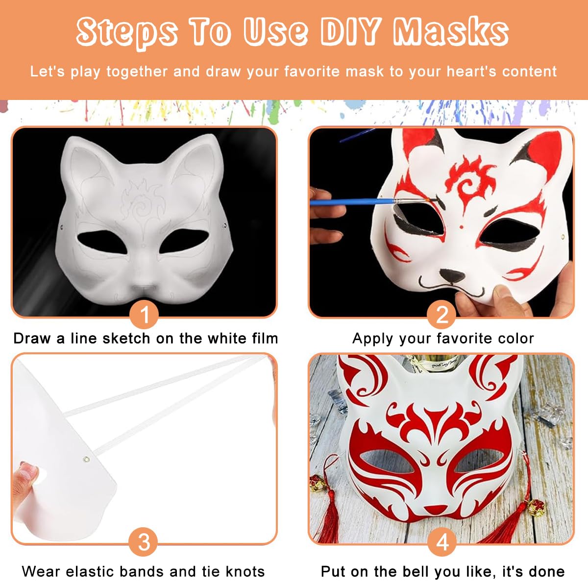 PATPAT 5pcs Cat Mask, Blank DIY Halloween White Graffiti Cat Masks Graffiti Masquerade Mask Halloween DIY Face Mask with Acrylic Paints, Brush Pens, Tassle Charms & Sakura Bell Charms