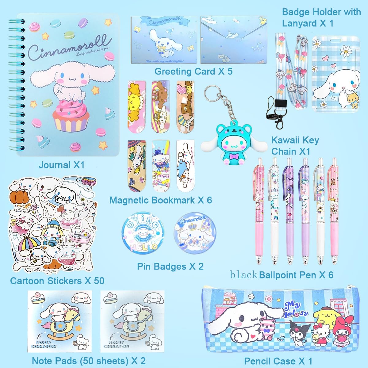 Climberty Kawaii Cinnamoroll School Supplies Set, Kawaii Stationeries Supplies Set with Notebook, Pencil Pouch, Click Pens, Assorted Cinnamoroll Cartooon Stickers