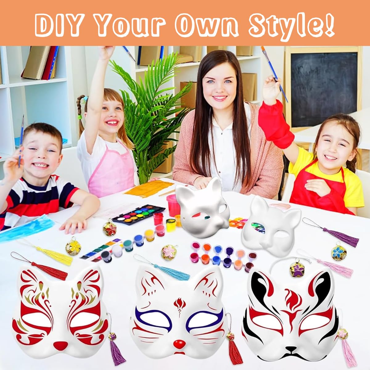 PATPAT 5pcs Cat Mask, Blank DIY Halloween White Graffiti Cat Masks Graffiti Masquerade Mask Halloween DIY Face Mask with Acrylic Paints, Brush Pens, Tassle Charms & Sakura Bell Charms