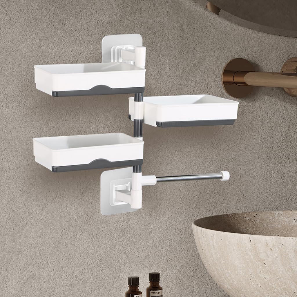 HASTHIP Super Powerful Self-Adhesive 3 Layer Soap Dish Holder for Bathroom Shower and Kitchen Wall Mounted Rotatable Soap Holder Saver Box Storage