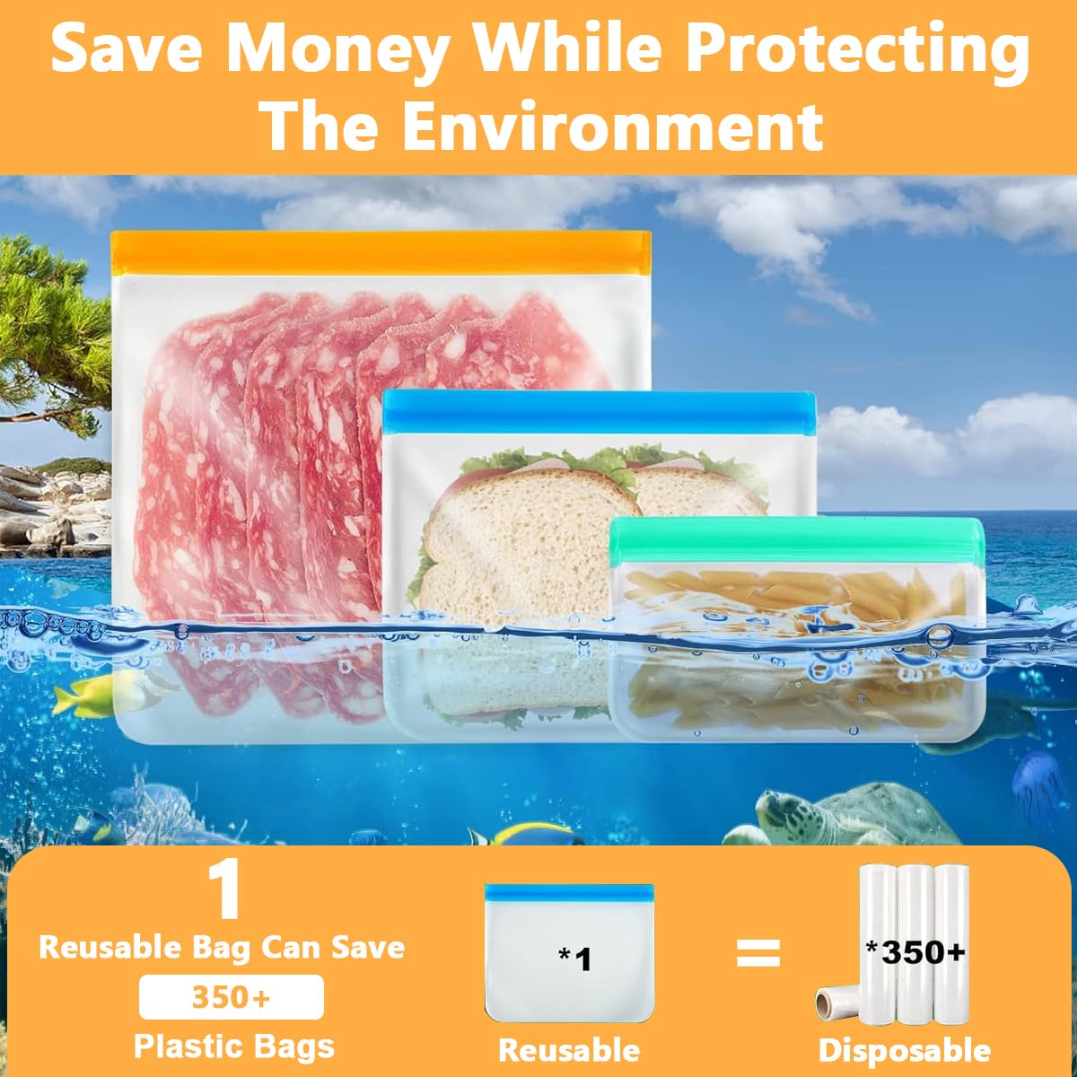 Supvox 10Pcs Reusable Ziplock Bags Biodegradable EVA Food Bags, 3 Sizes Food Storage Bags Freezer Bags Leaking Proof Zip Lock Bags for Wet & Dry Food Utility Food Bags for Kitchen Organization