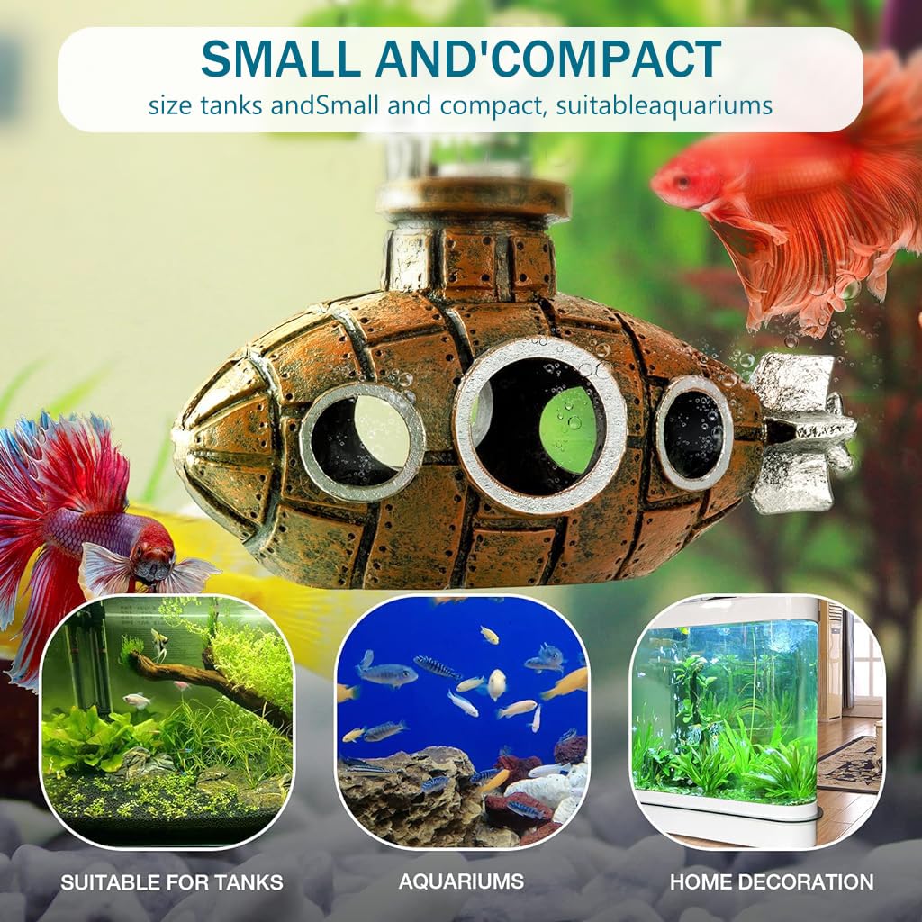 Qpets Aquarium Decoration, Floating Cartoon Submarine Model Fish Tank Decoration, Resin Hollow Out Submarine Ornament Fish Hideout Cave Desktop Decoration Best for Study / Office / Living Room