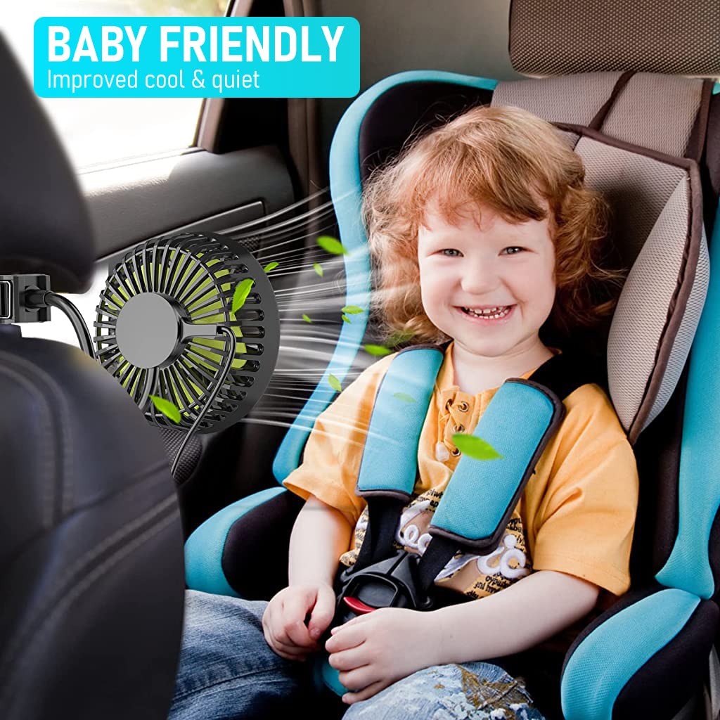 Verilux USB Fan for Car Back Seat, Headrest Mounted 5V USB Mini Fan with 3 Speed, USB Fan with Flexible Arm, Switch Controller, USB fan for Baby, Back Seat Passengers, Plug and Play