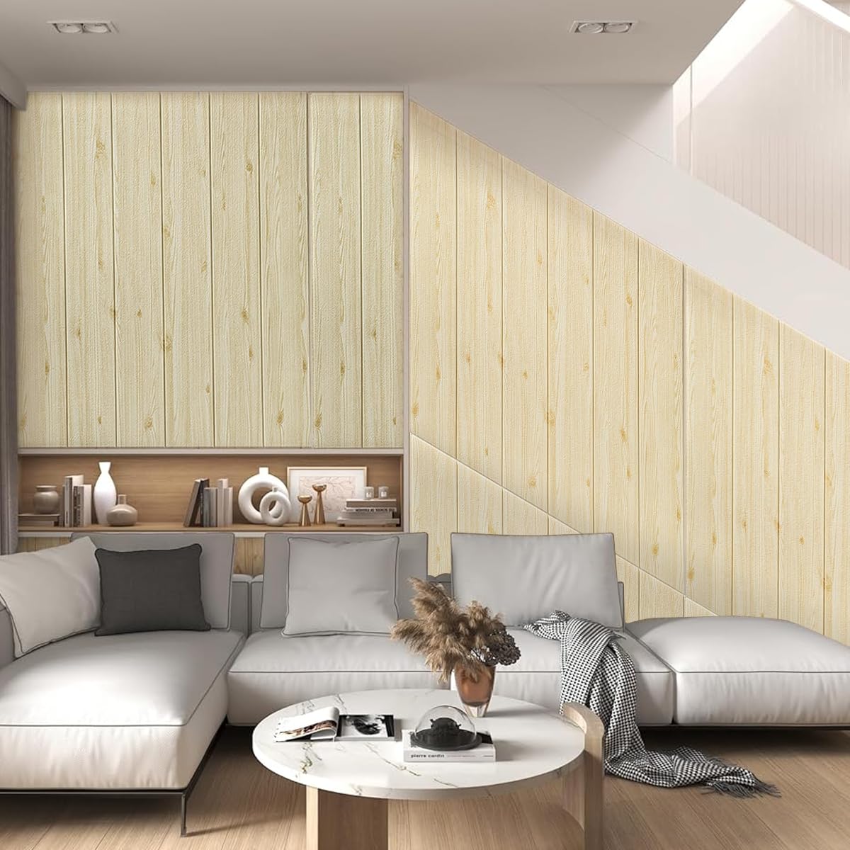 HASTHIP 6Pcs 3D Wall Stickers 27.5 Inches Square Beige Wooden Texture Wall Stickers Self-adhesive Wall Stickers for Home Decor Decorative Background Wall Stickers for Bedroom, Living Room
