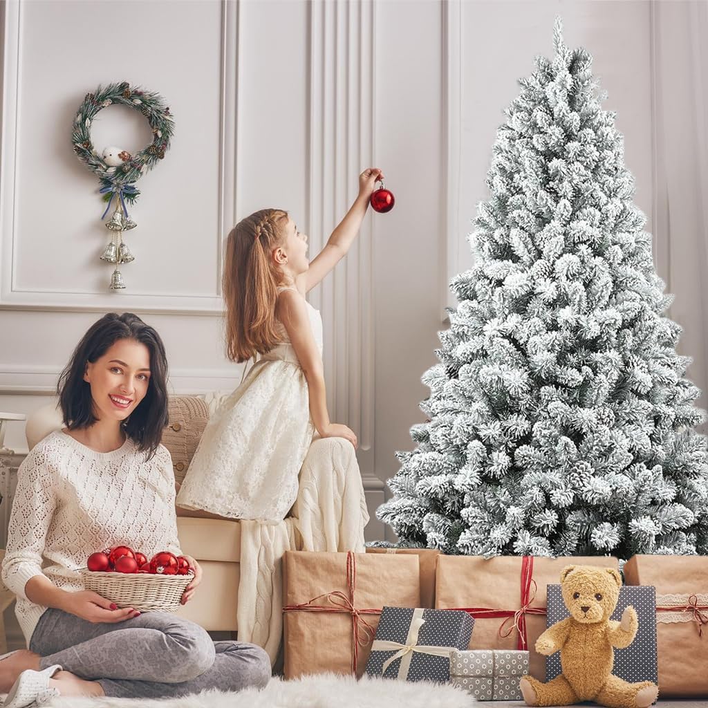 HASTHIP 59 Inches Christmas Tree for Home Decor DIY Assembly 350Pcs Flocked Pin Oak Branches Flocked Artificial Christmas Tree Decorative Powdery Snow Fake Christmas Tree for Christmas Home Decor