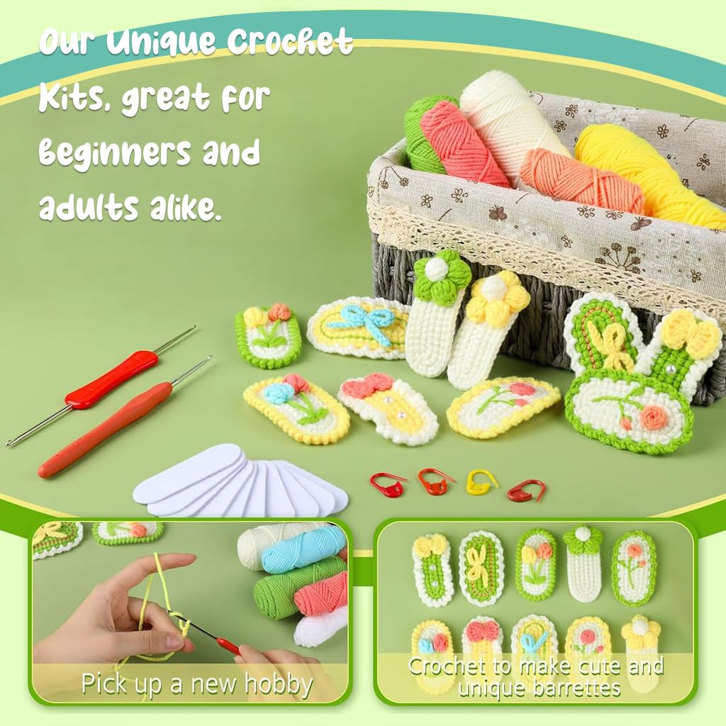PATPAT DIY Crochet Hair Clip Material Kit for Beginners Set of 10Pcs DIY Crochet Hair Clips DIY Crochet Bang Clip Material Kit Starter Friendly Crochet Kit Gift for DIY Lovers