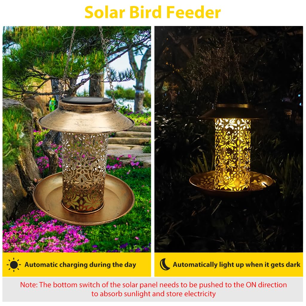 HASTHIP Solar Bird Feeder Garden Bird Feeder Lantern Outdoor Waterproof Hanging Bird Feeder Metal Hollowed Out Warm Light Bird Feeder for Garden, Patio