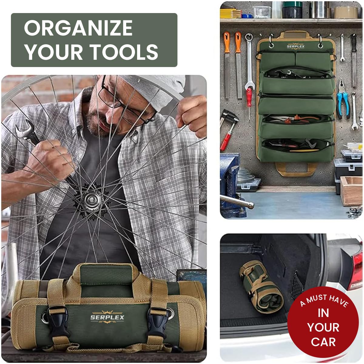 Serplex Tools Bag Portable Roll Up Tool Bag with Handle & Shoulder Strap Multi Compartment Tools Bag with Detachable Zipper Pouch, Multi-Purpose Tool Organizer for Technicians, Mechanics(No Tools)