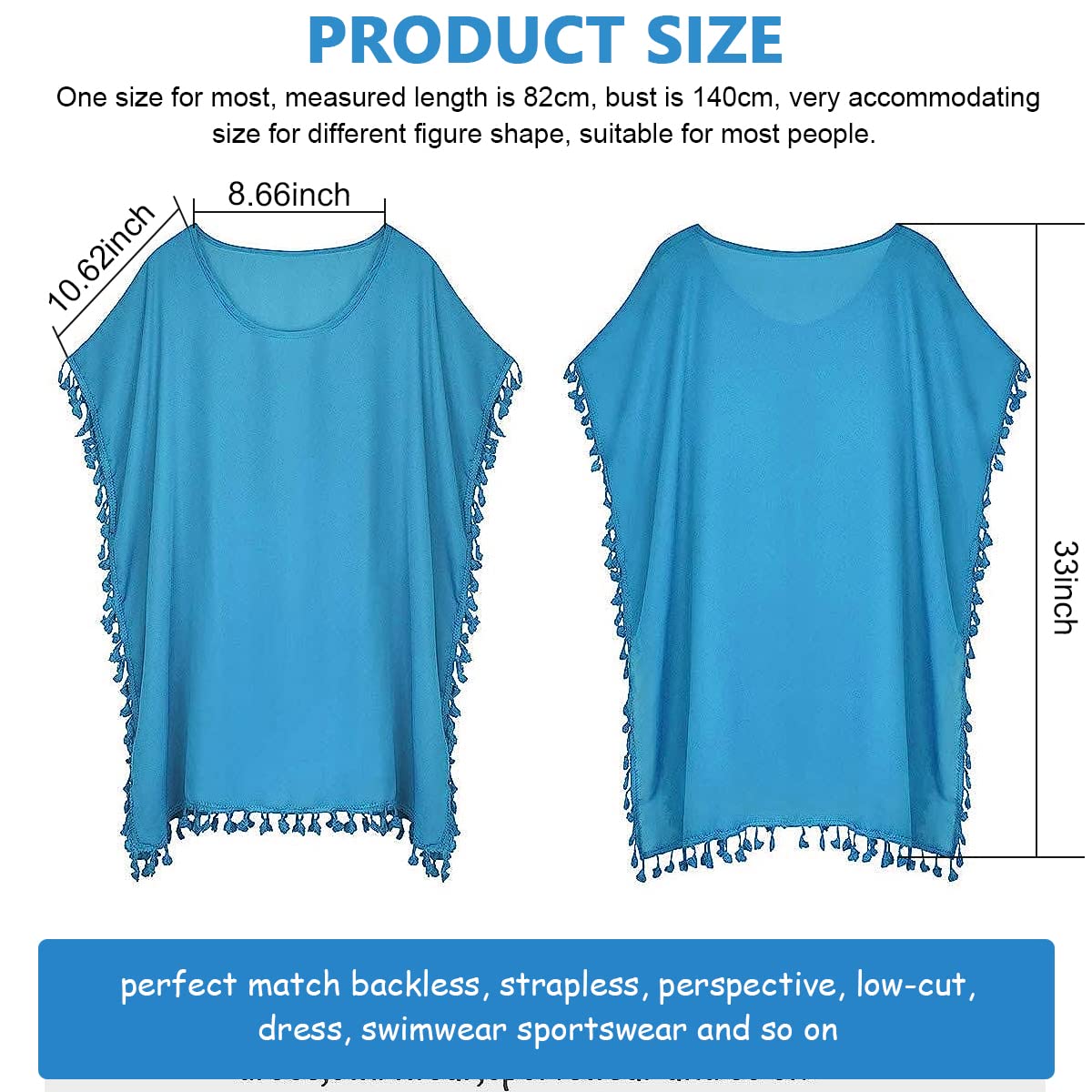 PALAY Women's Beach Wear Coverup, Chiffon Sarong Beach Coverups Wrap Shawl for Women, Tassels Bikini Casual Tops Coverup for Beachwear (Blue)