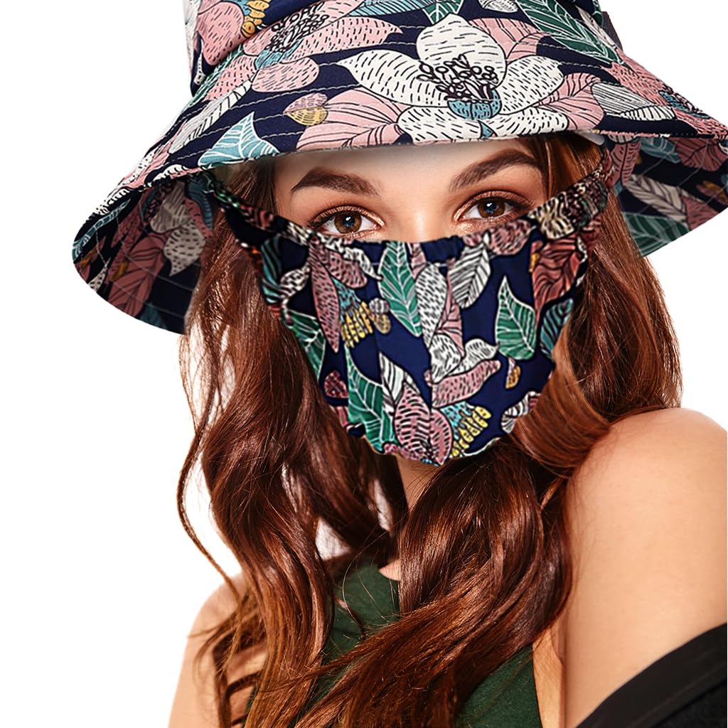 PALAY Bucket Hat for Women with Face Mask, One Piece Bucket Hats for Women, Fashion Leaf Prints Summer Sun Hats for Women UV Protection Wide Brim Outdoor Hat for Cycling, Fishing