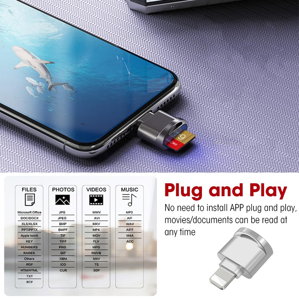 Verilux Micro SD Card Reader for iPhone iPad, Micro SD/TF Card Reader Memory Card Reader for iPhone Plug and Play Card Reader for iPhone 13/12/Pro/11/X/XR/Max