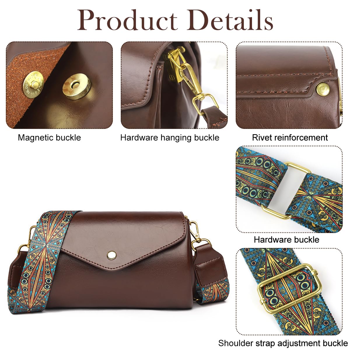 PALAY Shoulder Bag for Women Crossbody Bag Vintage Brown PU Shoulder Bag Evening Bag Print Wide Shoulder Belt Design Snap-on Closure Multi Compartment Casual Shoulder Bag, 19x13x12cm