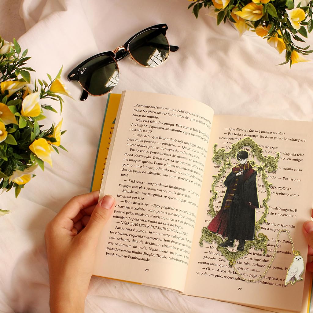 Climberty Enchanted Wizarding World-Themed Metal Bookmark with Chain & Owl Charm, Gold Finish Anime Cartoon Figure, Perfect Reader Gift for Fans & Students, Slim Design, Ideal for Book Lovers