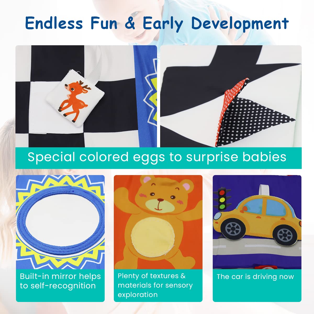PATPAT® Cloth Books for Babies, Baby Cloth Book Double Side Infant Tummy Time Toy Tear Resistance Hangable Cloth Book On Cradle for Toddler Visual Development Toy for Toddler 6-12 Month Toys