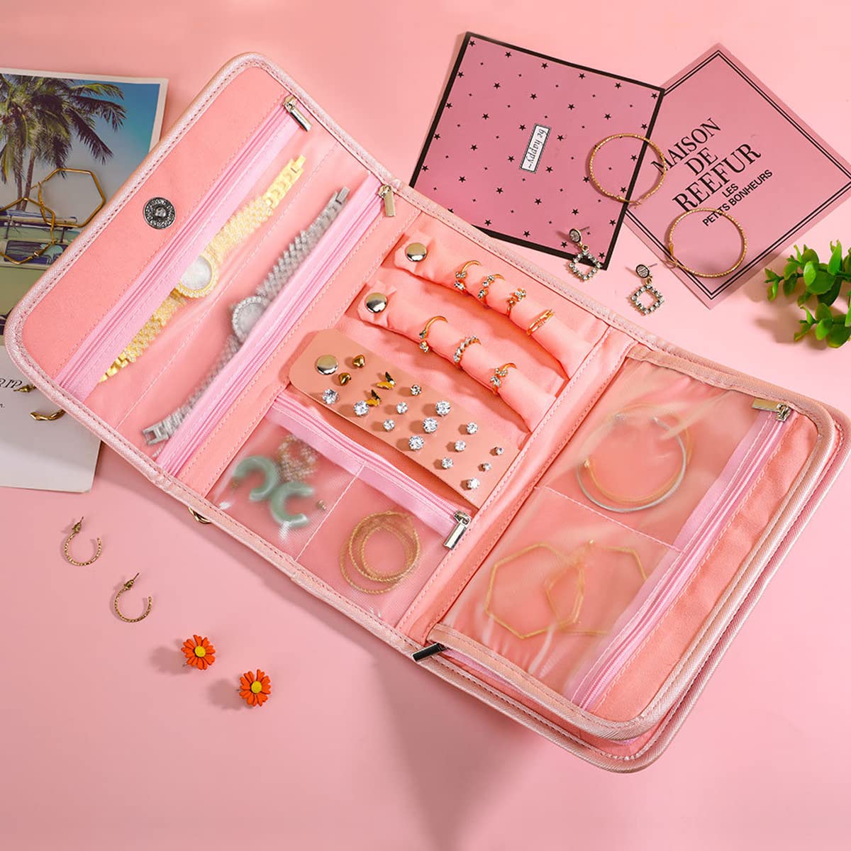 MAYCREATE Travel Jewelry Organizer Roll Foldable Jewelry Roll Bag for Earrings, Necklaces, Rings, Bracelets, Brooches, Pink