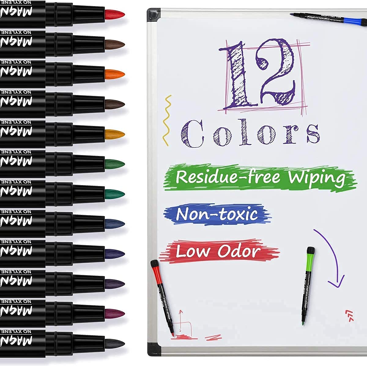 HASTHIP 12PCS Magnetic Dry Erase Markers, White Board Marker with Eraser Cap, Assorted Color Writing & Erasing 2 in 1 Marker Pen for Kids Teachers Office & School Supplies