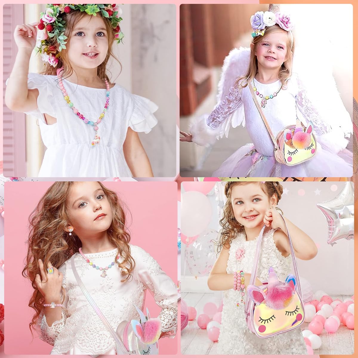 SANNIDHI Unicorn Bag with Jewelry Set for Girls, Unicorn Princess Plush Crossbody Purse Beads Necklace Bracelet Earrings Rings Set, Kids Jewellery Party Dress up Gift