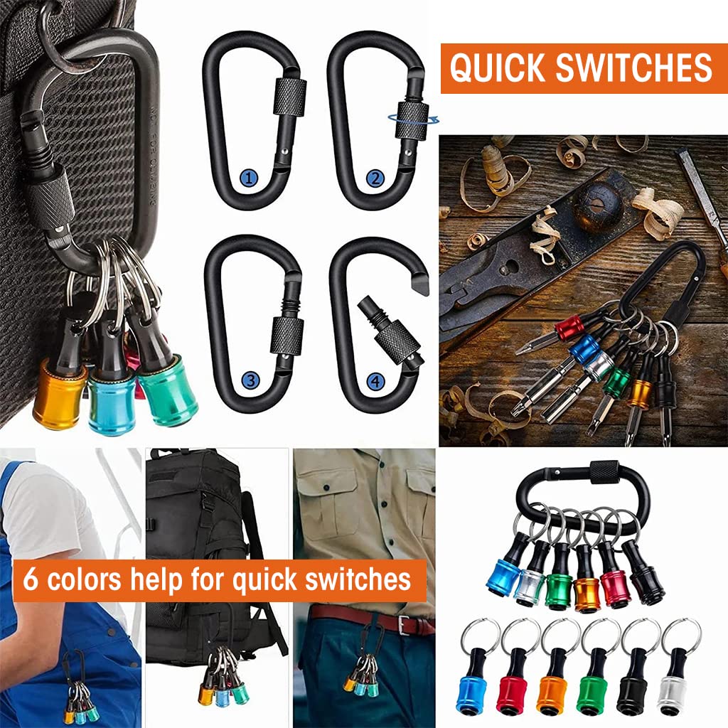 Serplex 6Pcs 1/4 inch Hex Shank Aluminum Alloy Screwdriver Bits Holder with Black Carabiner, Bit Holder Keychain, Light-weight Quick-change Extension Bar Drill Screw Adapter Change