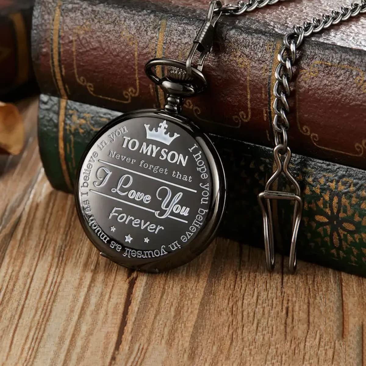 HASTHIP Pocket Watch for Men Boys Gift for Son, Personalized Engraved Alloy Pocket Watches with Chain, to My Son I Love You Birthday Graduation Gifts Quartz Watch - Black
