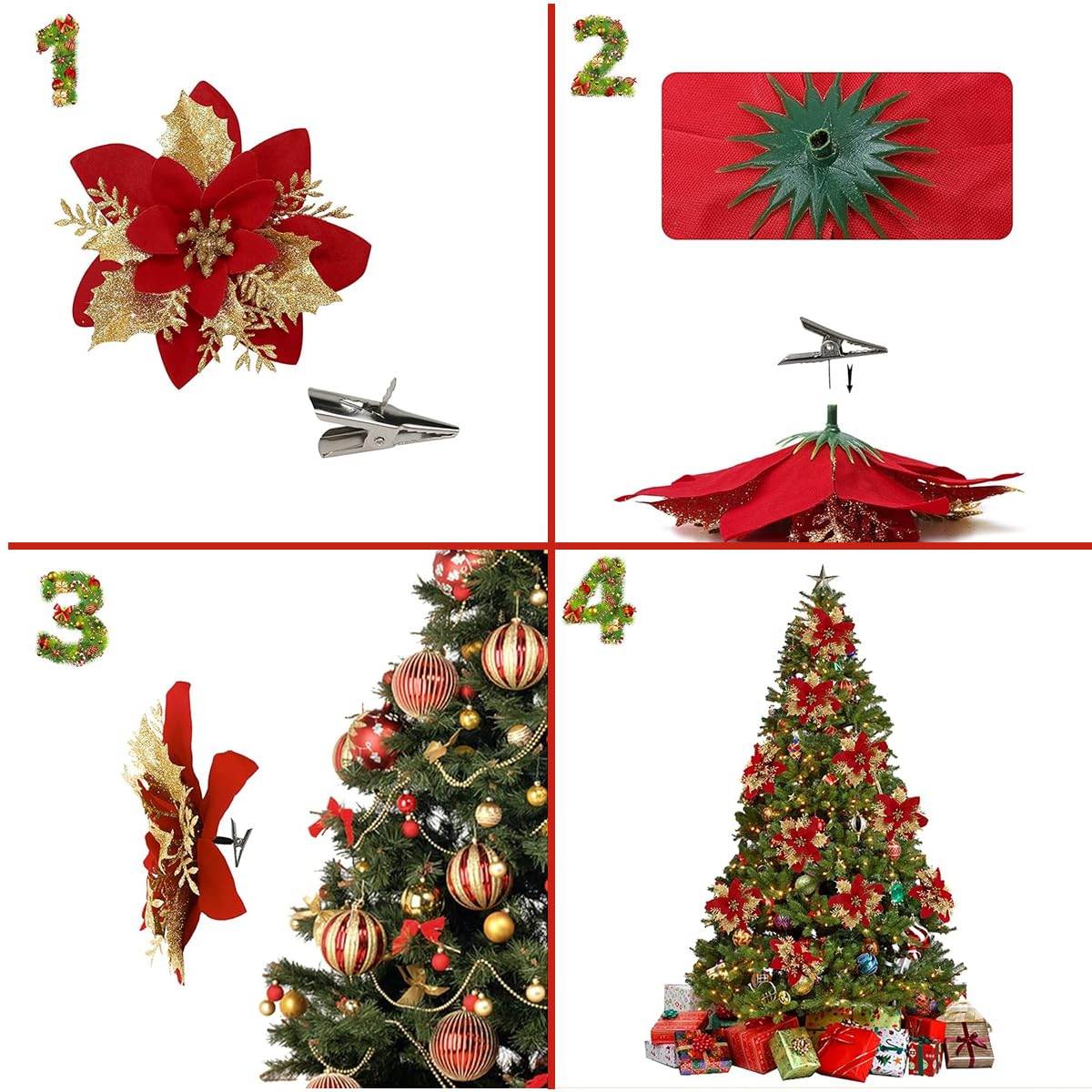 HASTHIP 12Pcs Christmas Poinsettias 5.5 inches Glittering Artificial Poinsettias 4-Designs Golden and Red Christmas Poinsettias Christmas Poinsettias Flowers Christmas Home Decor