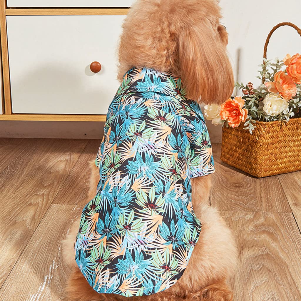 Qpets Summer Dog Clothes for Small Dogs Cute Hawaiian Coconut Tree Leaves Print T-Shirt for Dog Button Open Dog Clothes for Chihuahua, Maltese, Pug, Papillon, Small Dog Breeds of 4-7kg