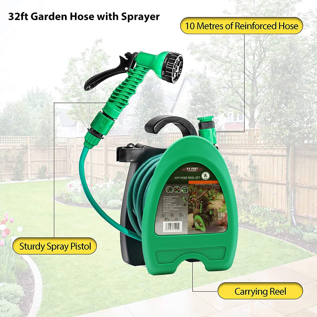 Optifit 10m Garden Hose Kit with Sprayer, Stand-Up Hose Rack and Quick Connector, Water Sprayer with 7 Spray Mode, Spray Gun Water Hose with Reel Rack for Home Garden Car Washing Pet Bathing