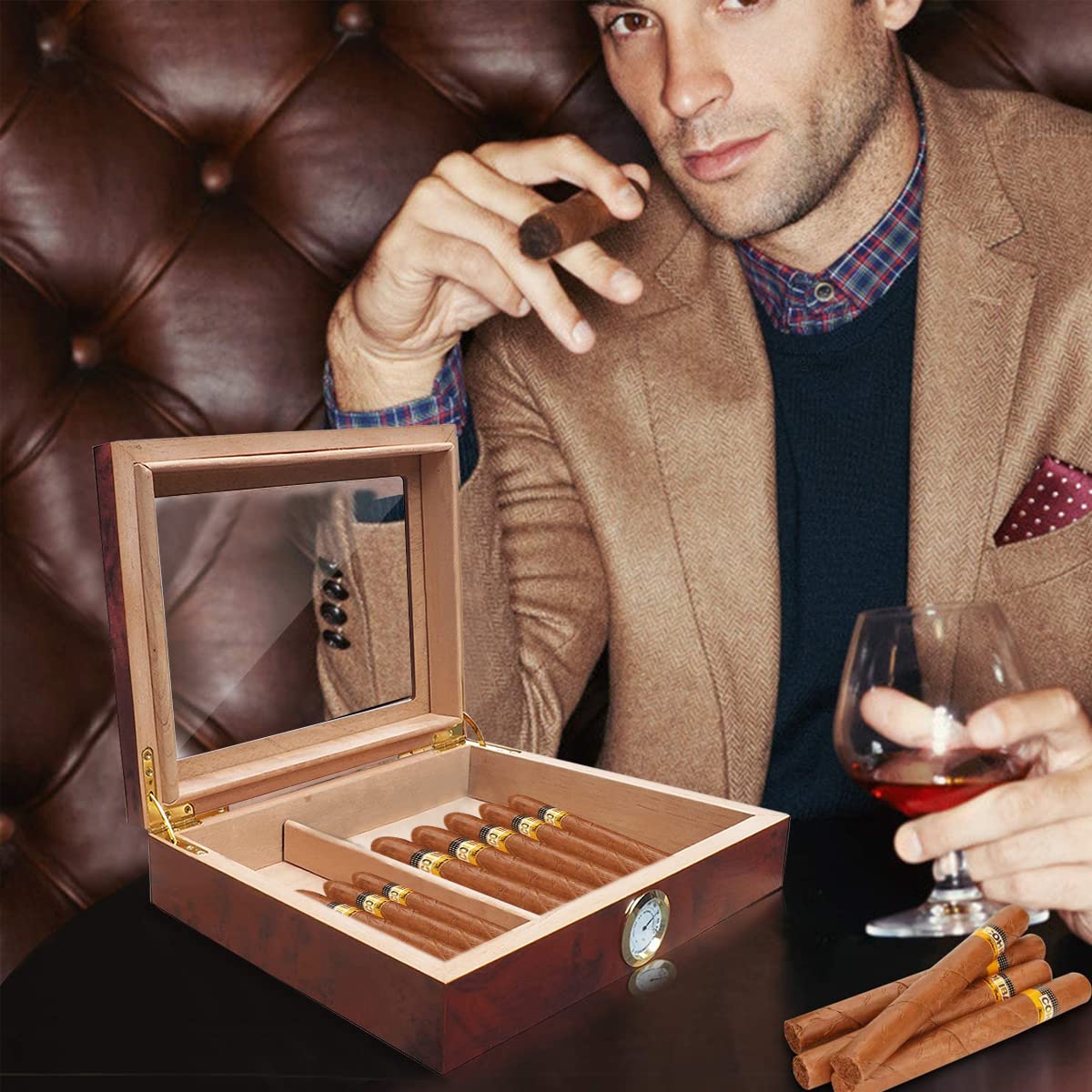 GUSTAVE Cigar Humidor Cigar Box, Cedar Cigar Desktop Box with Glass Top, Humidifier and Hygrometer, Luxurious Wooden Cigar Box Cigar Gift Box Cigar Collection Box, Holds 20 Cigars (Without Cigars)