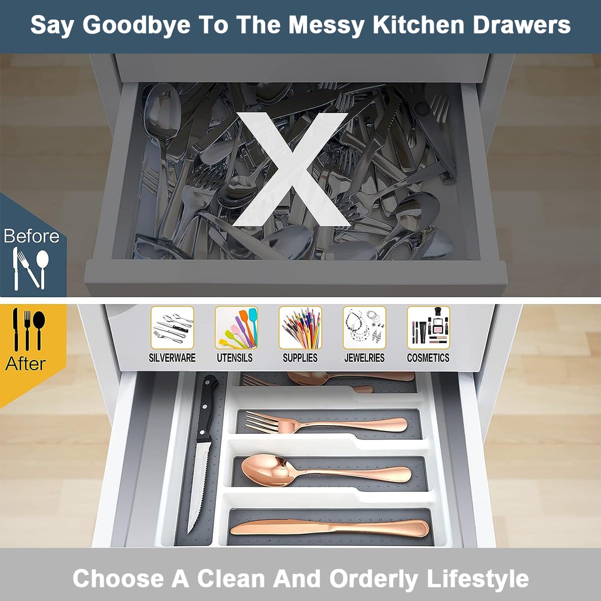 HASTHIP Plastic Cutlery Tray for Kitchen Drawer Silverware Organizer with Non-slip TPR 5 Separate Compartments for Utensils Organization White, Sturdy and BPA-Free