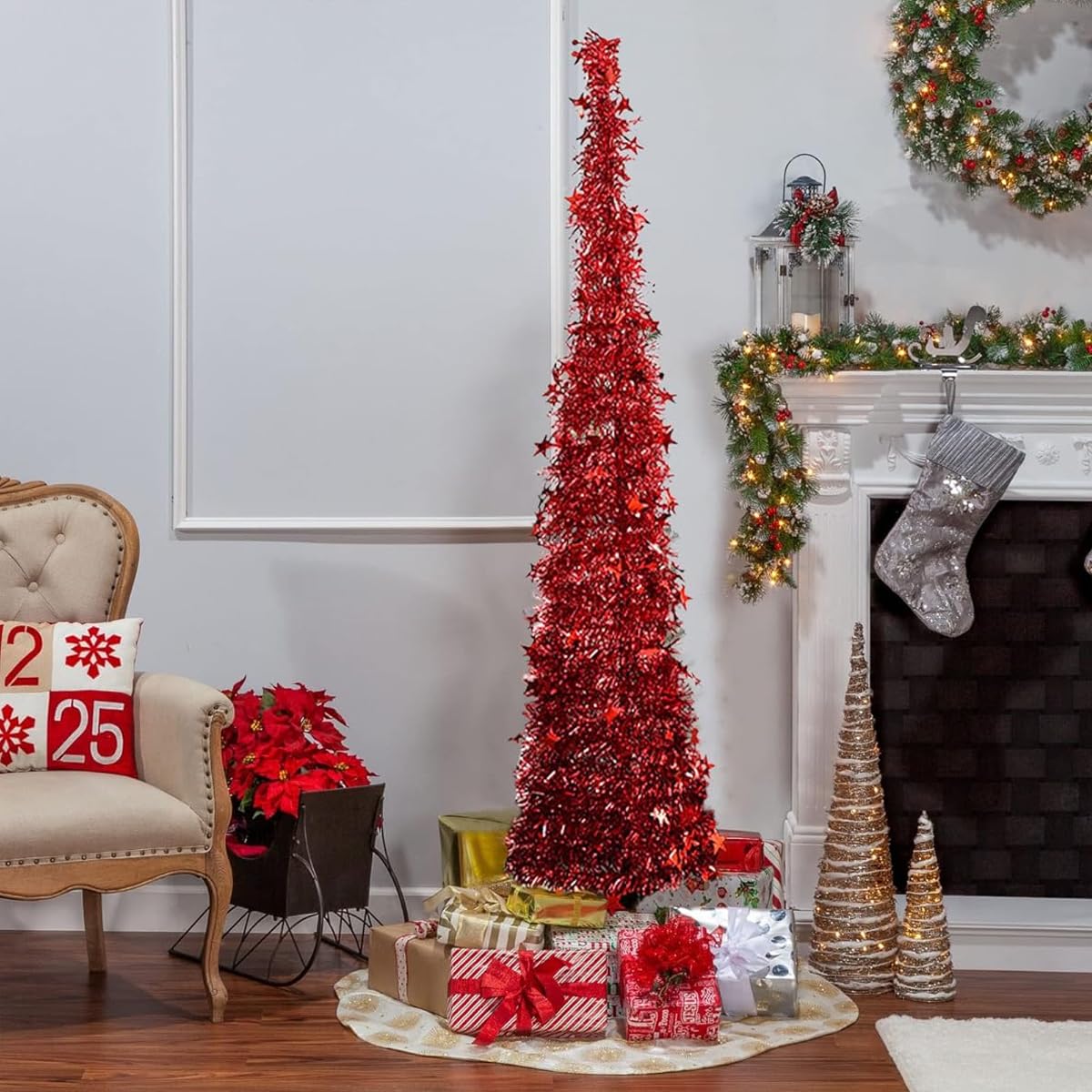 HASTHIP 1.5m Sparkling Red Christmas Tree Tinsel Garland Red Christmas Tree Festival Party Home Decor DIY Assembly Red Christmas Tree for Living Room, Balcony, Entryway, Garden
