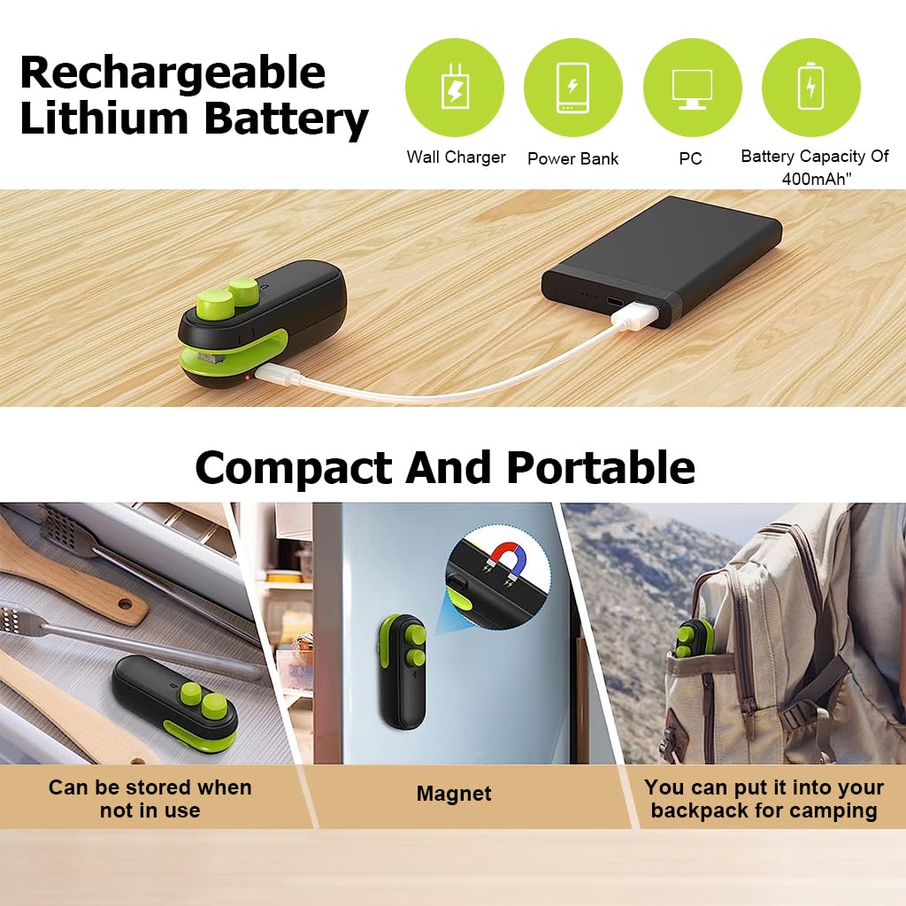 HASTHIP USB Bag Sealer, 2 in 1 Hot Bond Sealer with Cutter, Magnet Bag Sealer, Mini Bag Sealer Rechargeable Bag Sealer for Chips Bag, Snack Bag, Suitable Various Food Bag