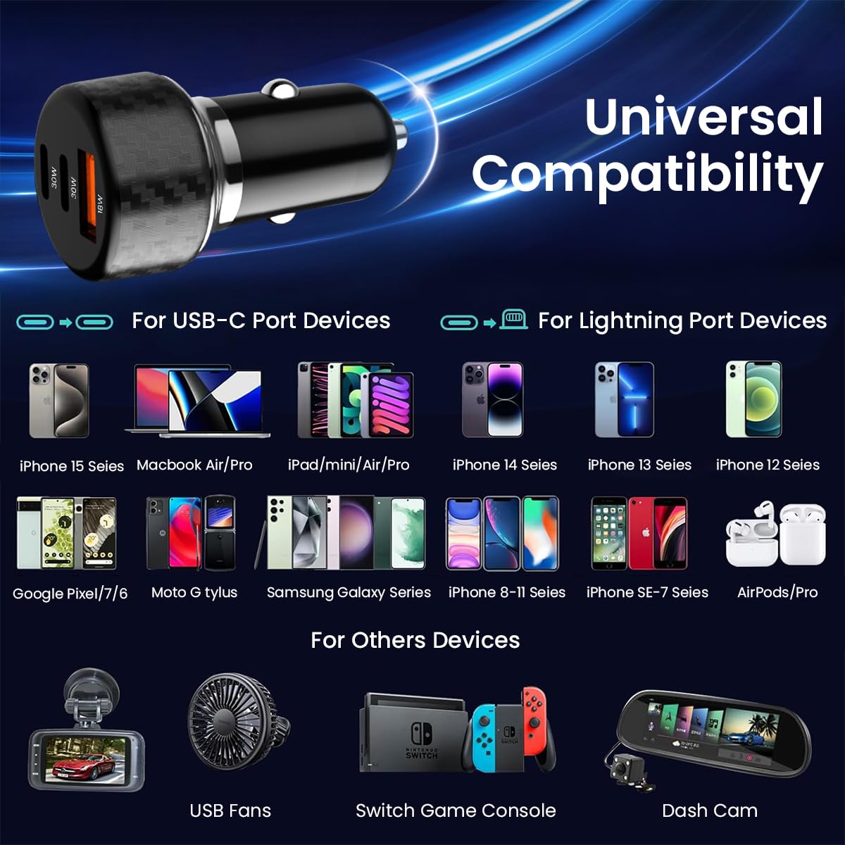 STHIRA Car Fast Phone Charger for iPhone 15 3 in 1 Car Cigarette Lighter Charger Dual 30W Type C PD Ports Design USB C Cigarette Lighter Charger Splitter 12V/24V Cigarette Lighter Charger