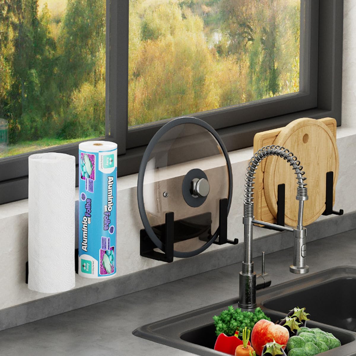 Supvox Kitchen Pot Lid Rack Organizer, Self Adhesive Pot Lid Holder with Drain Tray, Carbon Steel Kitchen Pot Lid Holder for Pot Lids, Pans, Cutting Boards & Baking Sheets, Dinner Plates
