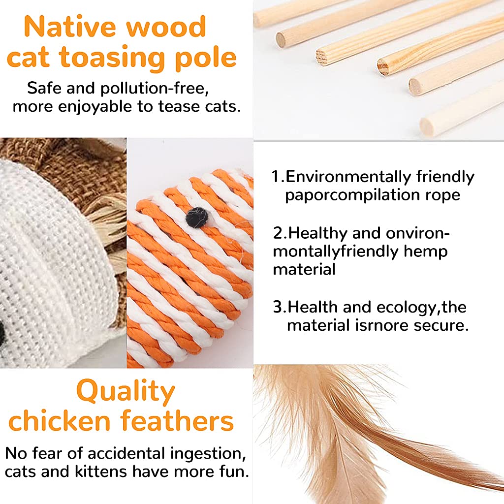 Qpets Premium Cat Toy Interactive Cat Toys Set of 5 Cat Teaser Wand Pet Toy for Cat Activity Fishing Rod with Mouse Natural Feathers Toys for Kittens to Play Cat Games and Toys Mouse Toy