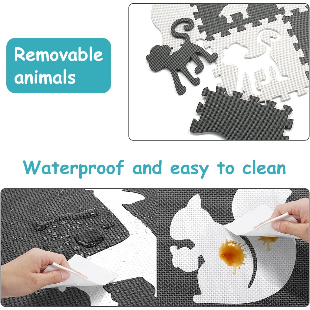 SNOWIE SOFT Baby Play Puzzle Mats Black and White Sensory Foam Puzzle Play Mat Fun Animal Shape EVA Soft Puzzle Mat 44.8 inches Floor Activity Puzzle Mats for Toddlers Age 6 Months +