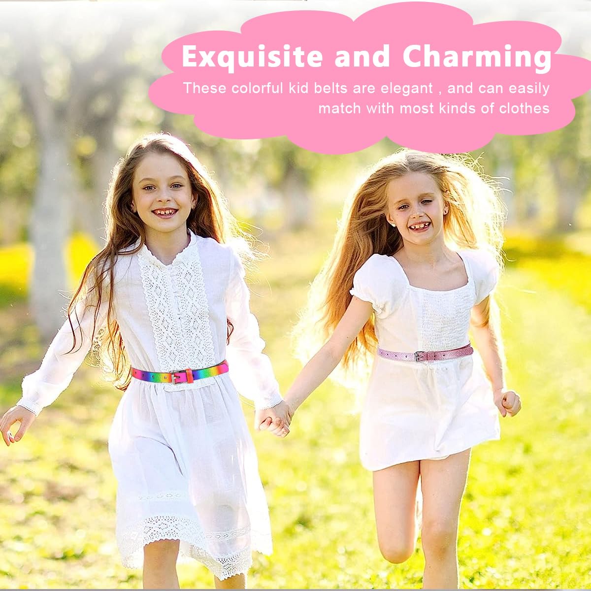 PALAY 2 Pack Belt for Girls, Glittering PU Leather Girls Belt, Rainbow Waist Belt for Jeans Pants Dress, 35.4in Metal Buckle Belt for Kids Girl 6-12 Years Old (Pink & Rainbow)