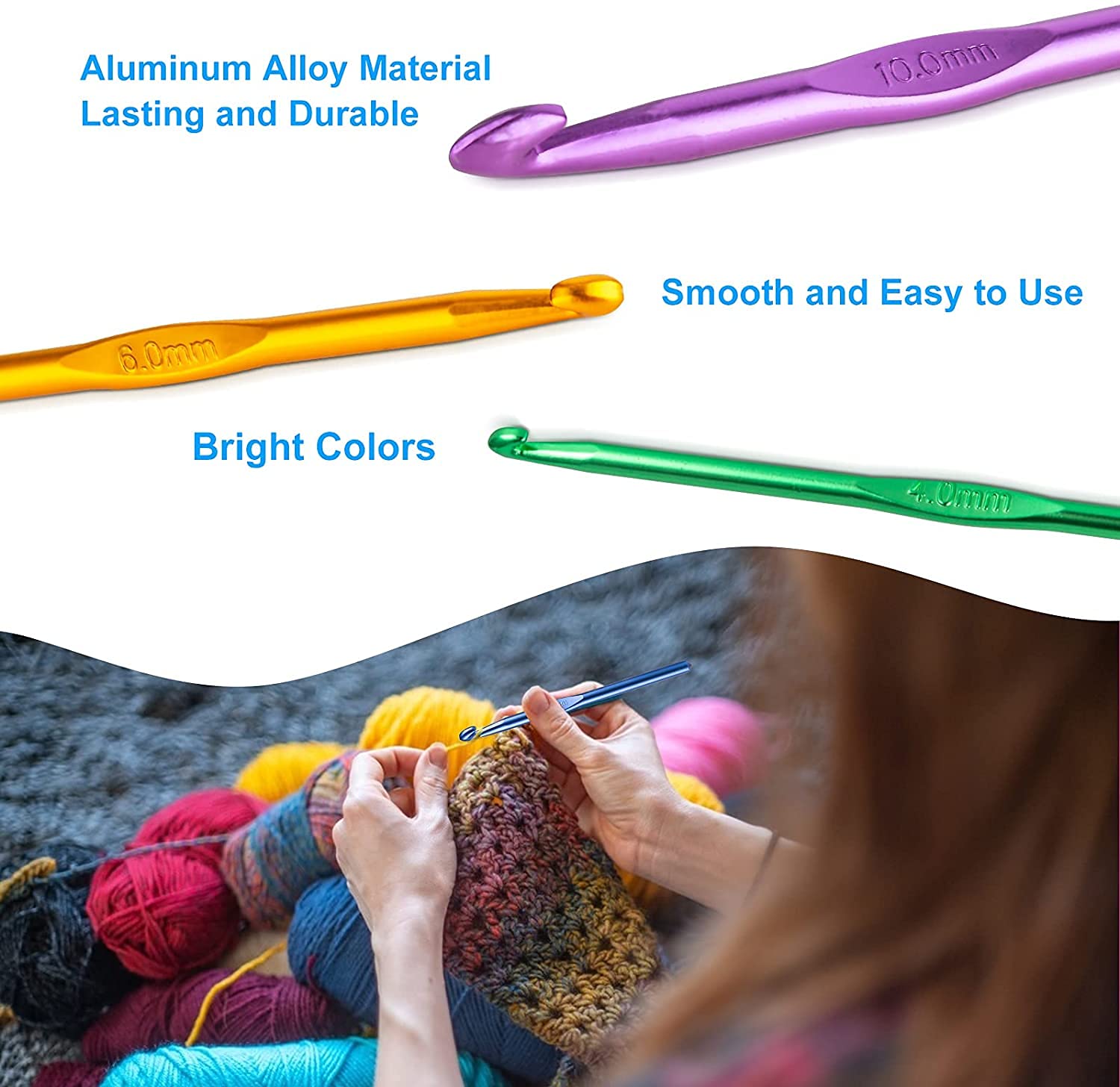 HASTHIP Metal 12pcs Aluminum Crochet Hooks Set,Small to Large 2mm-8mm,Round Blunt Yarn Knitting Needles Tool Kit
