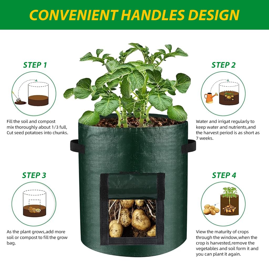 HASTHIP 4Pcs Vegetable Grow Bags Plant Pot Bags 10 Gallon Plant Grow Bags with Roll-up Side Flap & Handle Robust PE Plant Bags for Tomatoes, Peppers, Strawberries