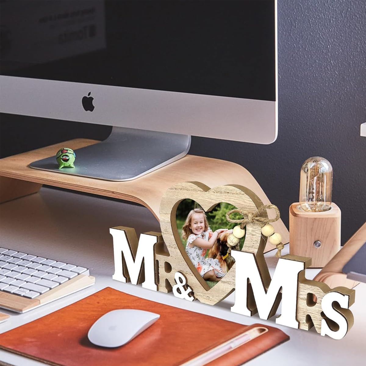HASTHIP Mr and Mrs Photo Frame Wedding Gifts for Bride Groom Wood Love Heart Wedding Decorations Holder Romantic Tabletop Picture Newlywed Anniversary Engagement Party Decoration