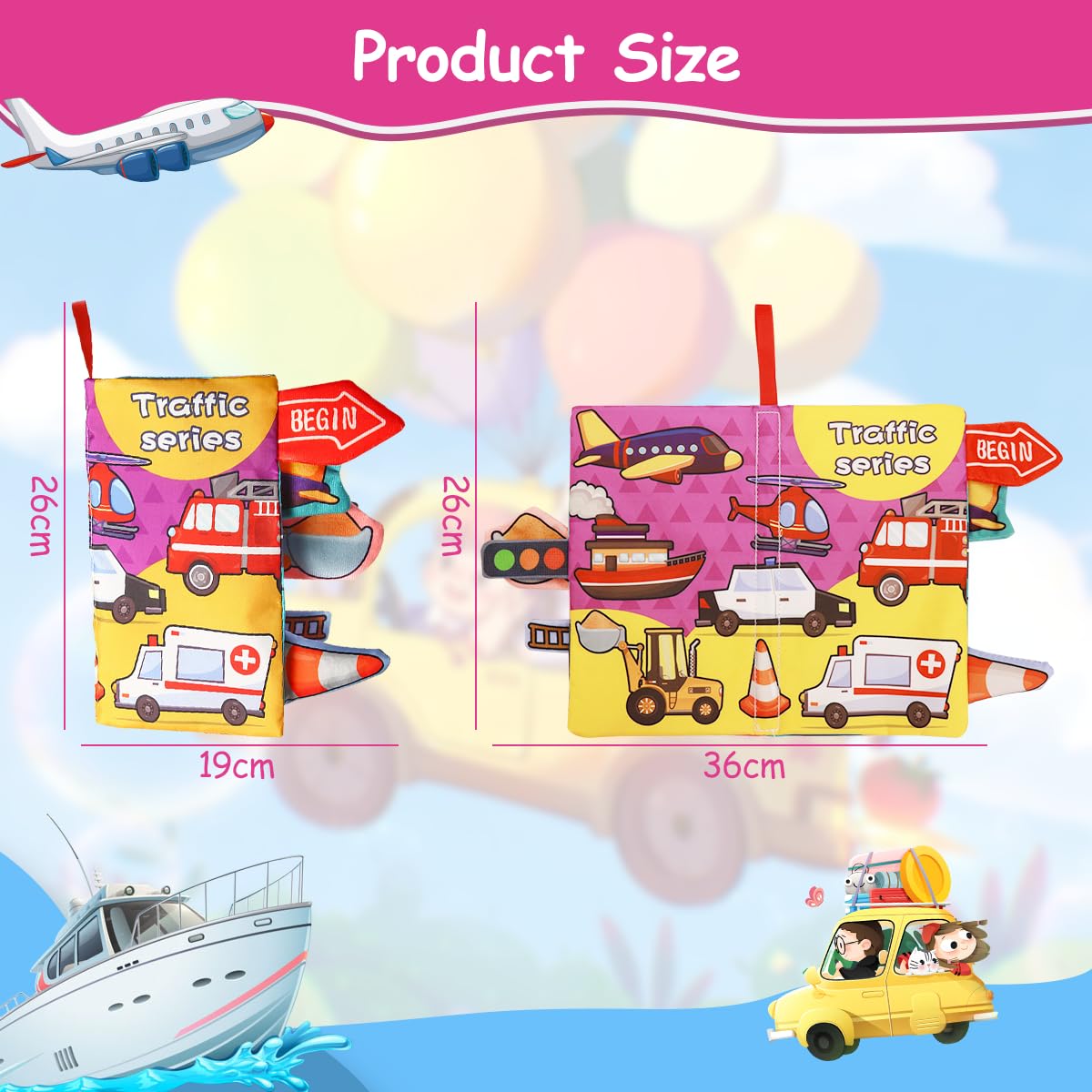 PATPAT Cloth Book for Babies, 3D Cartoon Car Cloth Book Hanging Toys for Babies 0-6 Months Soft Cloth Books, Sensory Toys Book, Early Development Toys Baby Cloth Book for Toddler 3-18 Months