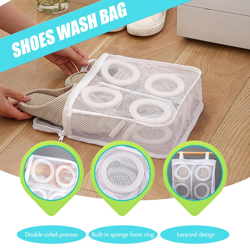 HASTHIP Shoes Wash Bags, Sneaker Wash & Dry Net Bag for Dryer, 11.8''x14.1''x4.7'' HoneyComber Mesh Bags with Zipper and Strap for Shoes, Clothing, Laundry Reused Bag Tool
