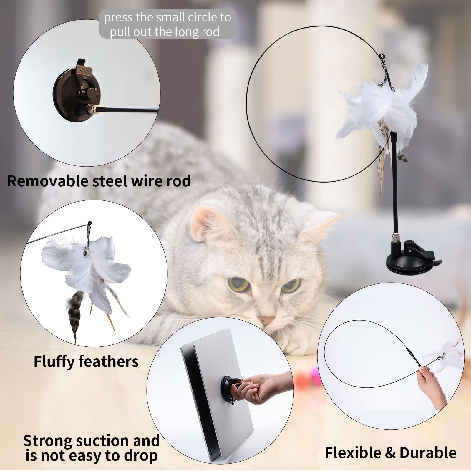 Qpets Cat Toy Cat Toys Interactive for Indoor Cat Wand Teaser Cat Feather Wand Toy Suction Cup Design