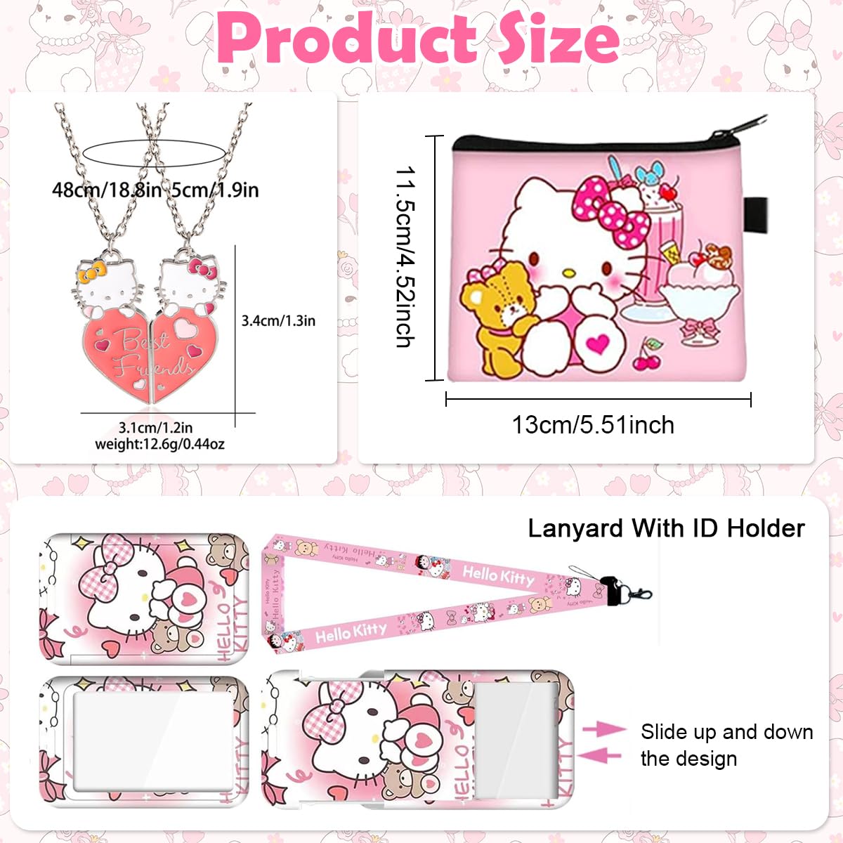 PATPAT Cute Kawaii Kitty Stuff Gift Set, Including Drawstring Bag Coin Wallet Bracelet Keychain Necklaces Button Pins Stickers Lanyard for Kids Teens Adults