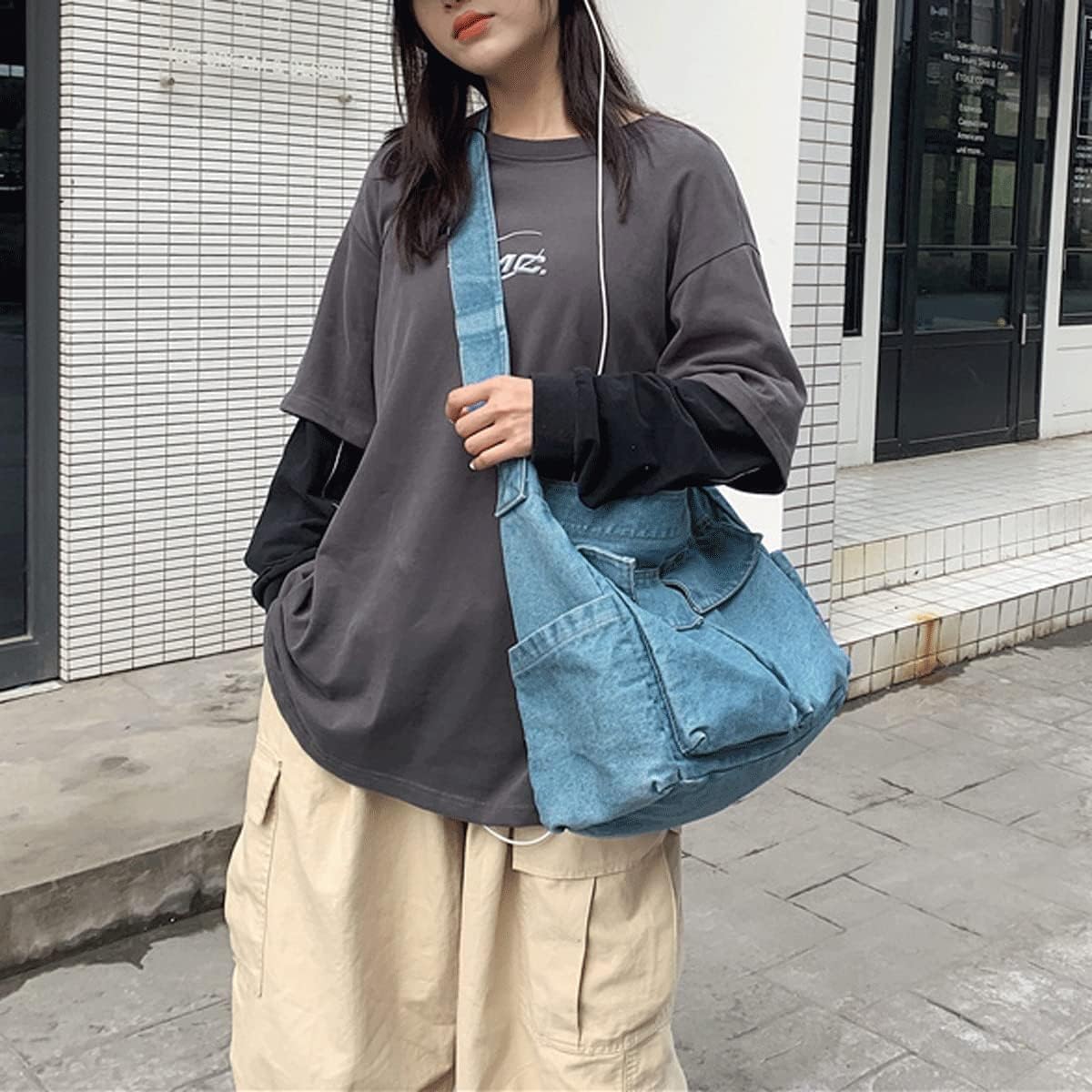 PALAY Canvas Shoulder Bags For Women, Large Capacity Solid Soft Denim Leisure Travel Bag Multiple Pockets Denim Crossbody Bag Denim Bags