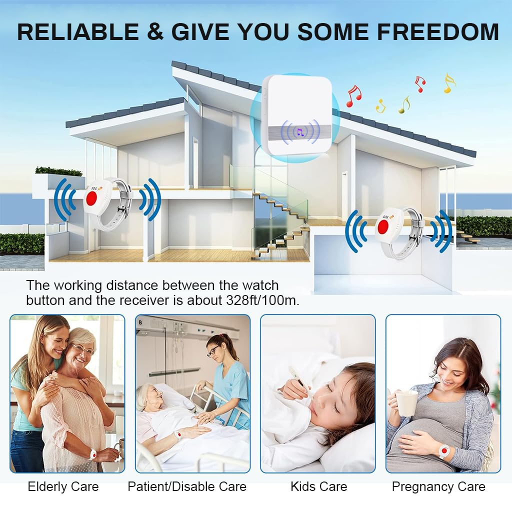 Supvox Pager Wireless Life Alert Systems for Seniors 80 M, (2 Call Buttons + 1 Receiver) Portable Pager Devices Wireless Caregiver 52 Ringtones, Home Travel Panic Buttons with Wrist Band